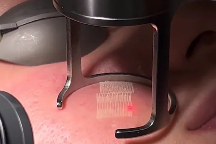 Trattamento laser frazionato delle cicatrici da acne sulla guancia, anteprima video 1